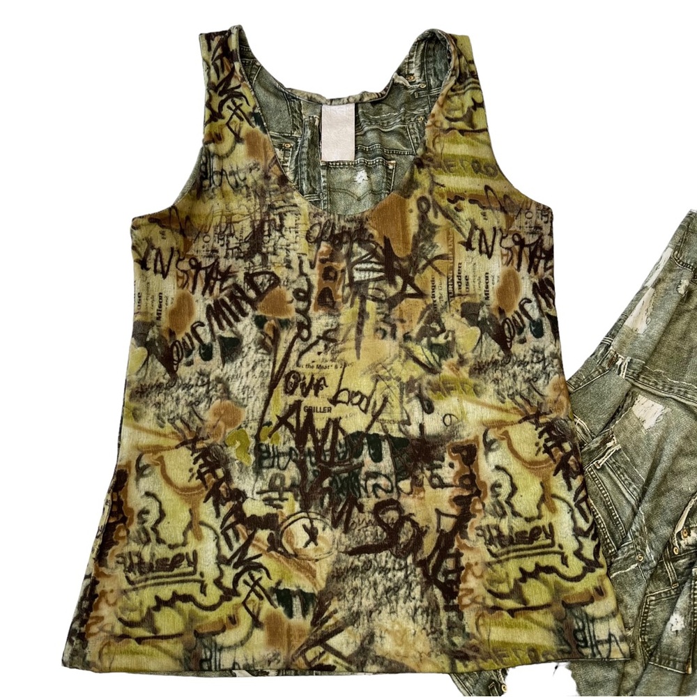 Vintage 90s Cyber Grunge Green Denim Print Tank and Midi Maxi Ruffle Skirt Set - Picture 7 of 14